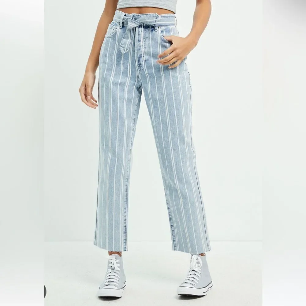 PACSUN 26 Vintage Wash Double White Stripe High Waisted Straight Leg Jeans